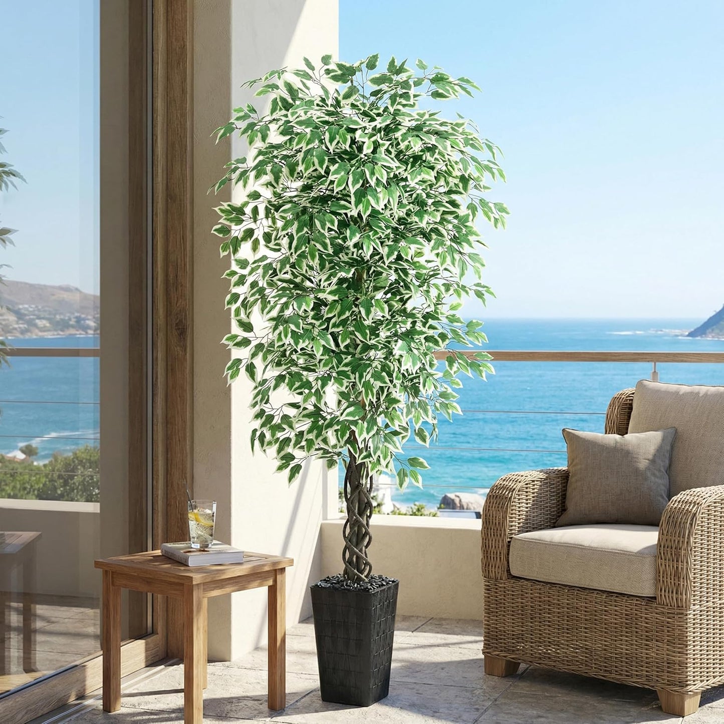 Artificial Ficus Tree Indoor, 6FT Realistic Large Fake Trees | Lifelike Lush Faux Silk Ficus Plant with White Planter, Tall Artificial Plants for Home Room House Office Greenery Decor