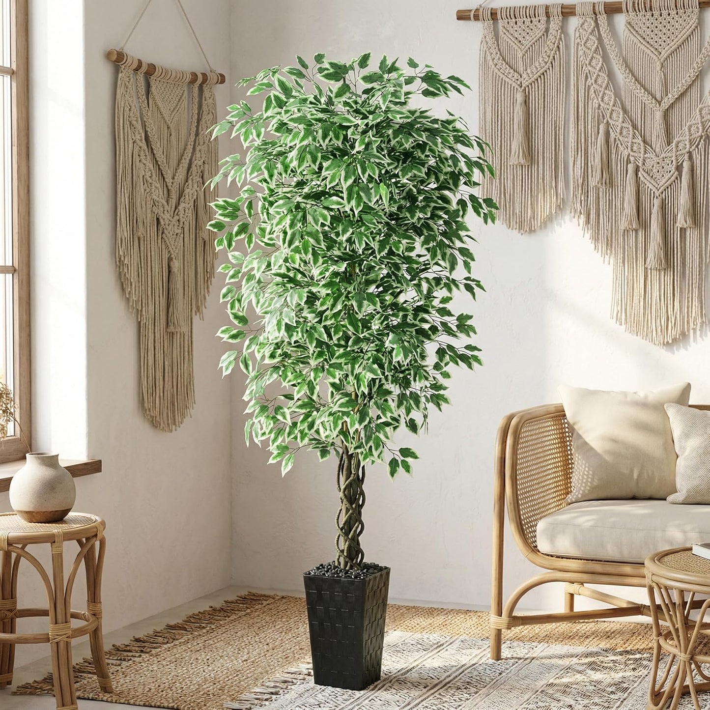 Artificial Ficus Tree Indoor, 6FT Realistic Large Fake Trees | Lifelike Lush Faux Silk Ficus Plant with White Planter, Tall Artificial Plants for Home Room House Office Greenery Decor