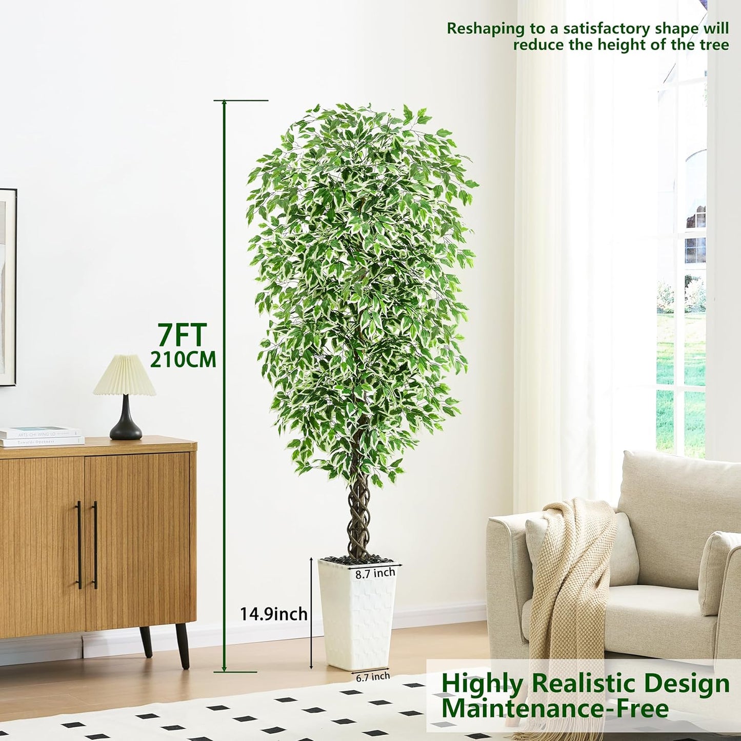 Artificial Ficus Tree Indoor, 6FT Realistic Large Fake Trees | Lifelike Lush Faux Silk Ficus Plant with White Planter, Tall Artificial Plants for Home Room House Office Greenery Decor