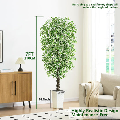 Artificial Ficus Tree Indoor, 6FT Realistic Large Fake Trees | Lifelike Lush Faux Silk Ficus Plant with White Planter, Tall Artificial Plants for Home Room House Office Greenery Decor