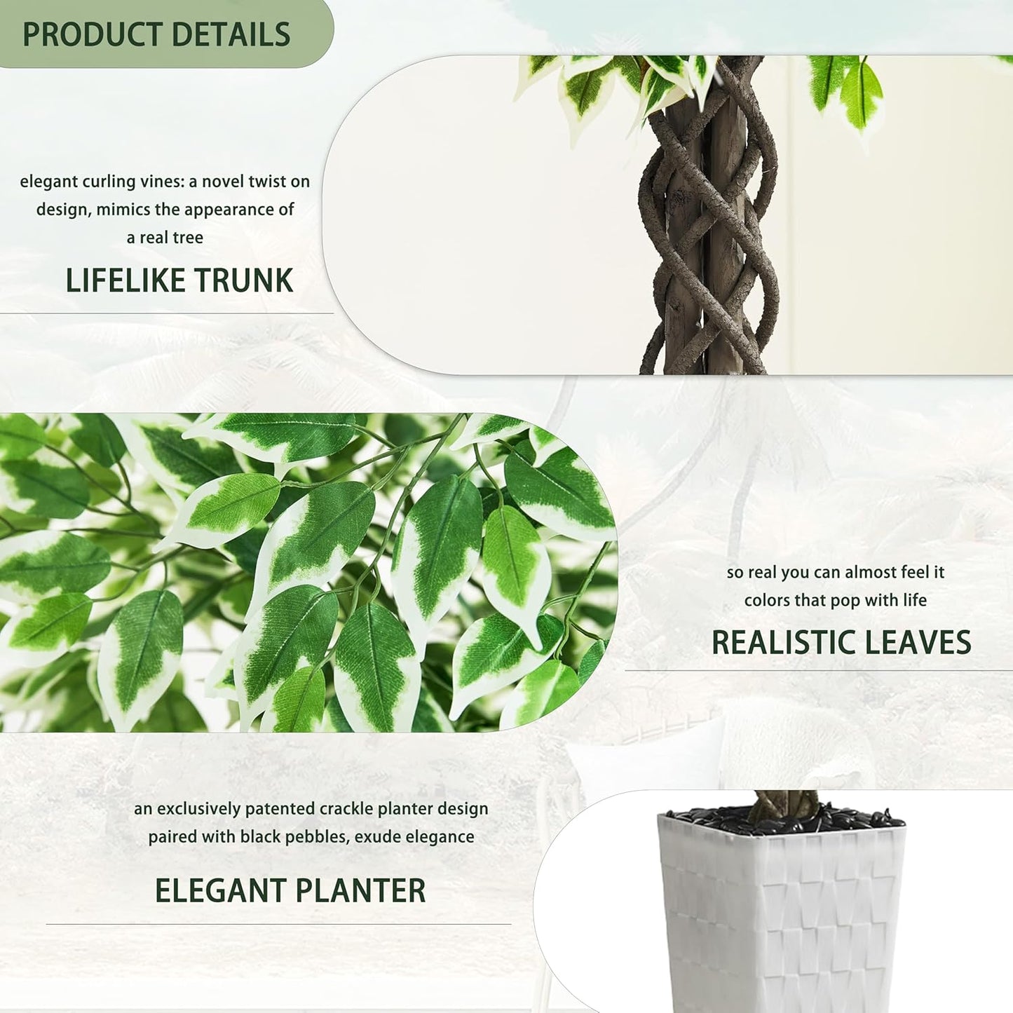 Artificial Ficus Tree Indoor, 6FT Realistic Large Fake Trees | Lifelike Lush Faux Silk Ficus Plant with White Planter, Tall Artificial Plants for Home Room House Office Greenery Decor