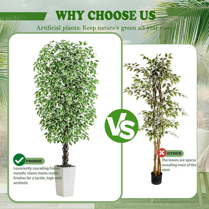Artificial Ficus Tree Indoor, 6FT Realistic Large Fake Trees | Lifelike Lush Faux Silk Ficus Plant with White Planter, Tall Artificial Plants for Home Room House Office Greenery Decor