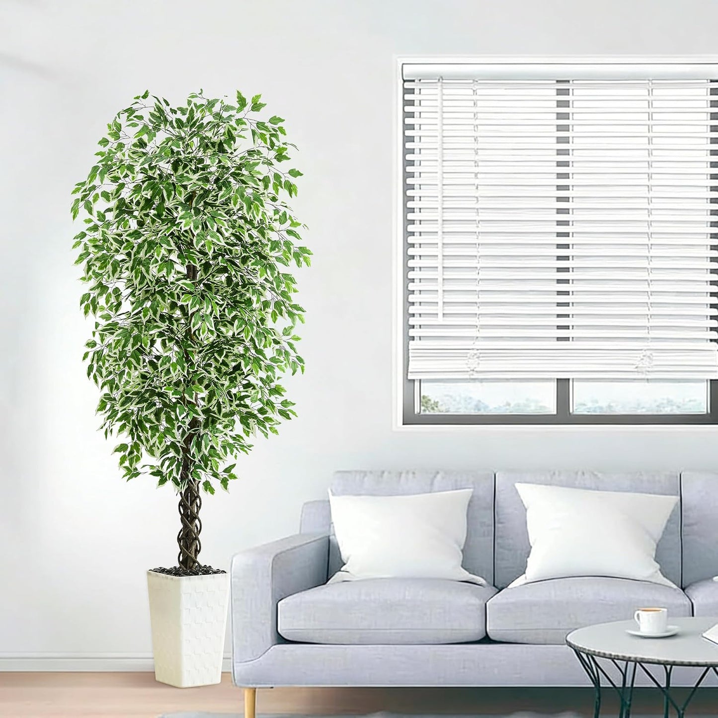 Artificial Ficus Tree Indoor, 6FT Realistic Large Fake Trees | Lifelike Lush Faux Silk Ficus Plant with White Planter, Tall Artificial Plants for Home Room House Office Greenery Decor