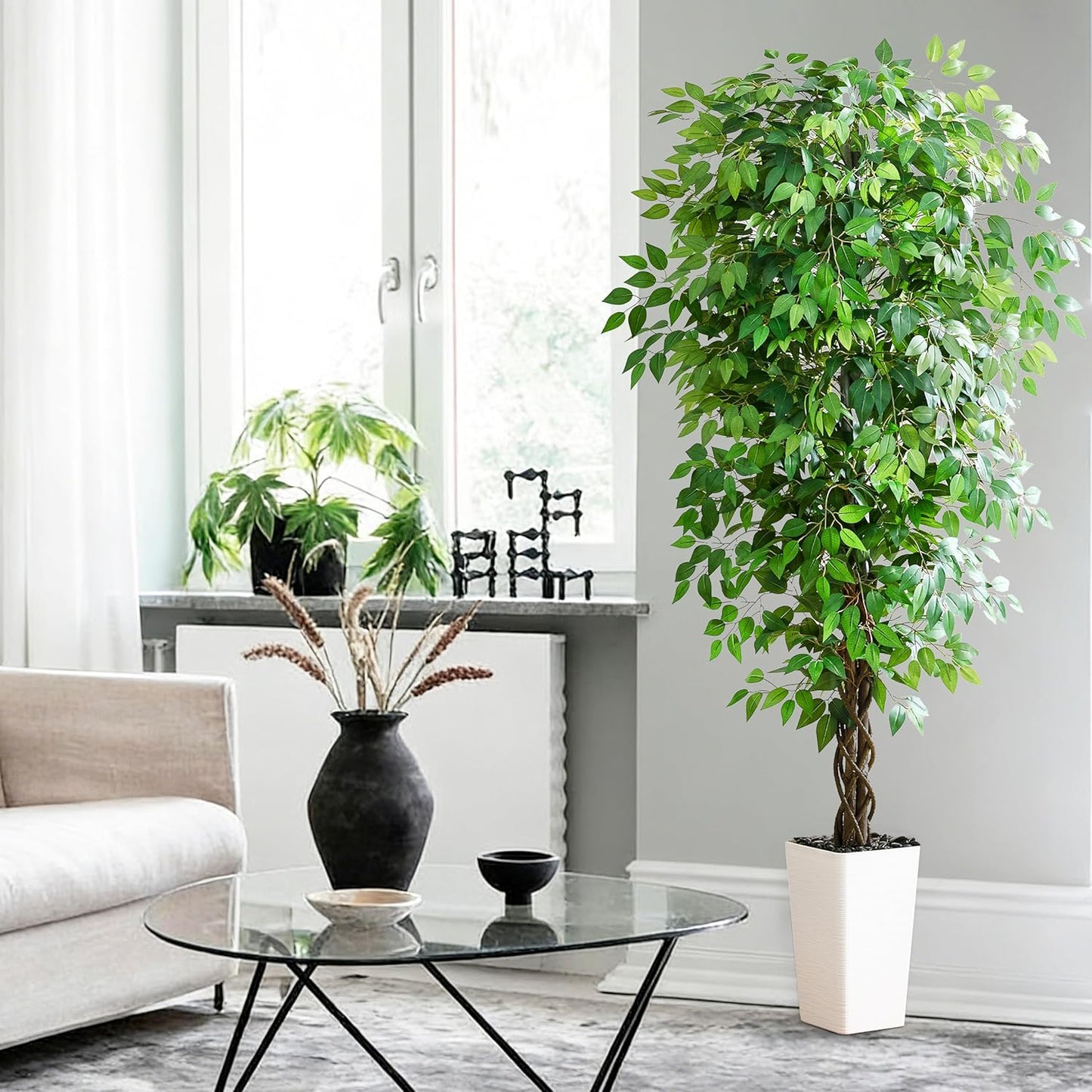 Artificial Ficus Tree Indoor, 6FT Realistic Large Fake Trees | Lifelike Lush Faux Silk Ficus Plant with White Planter, Tall Artificial Plants for Home Room House Office Greenery Decor