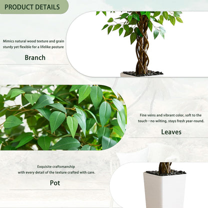 Artificial Ficus Tree Indoor, 6FT Realistic Large Fake Trees | Lifelike Lush Faux Silk Ficus Plant with White Planter, Tall Artificial Plants for Home Room House Office Greenery Decor