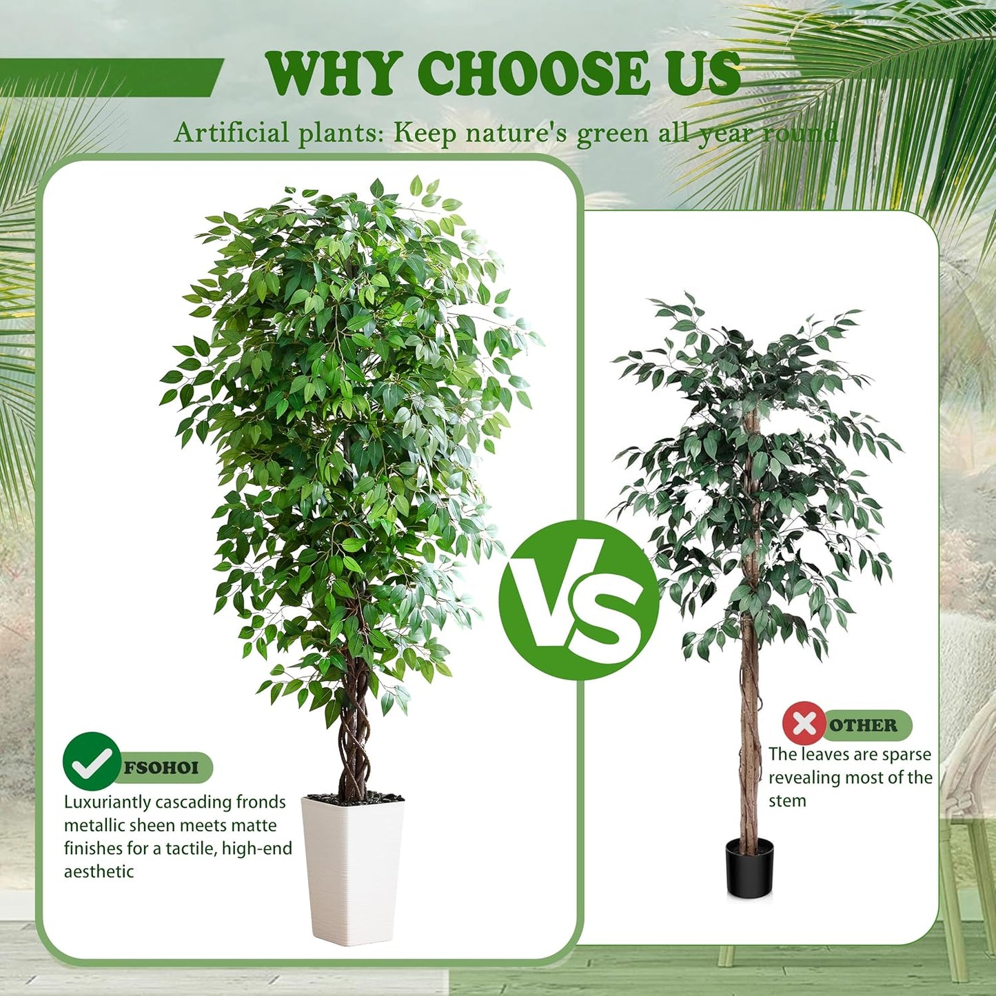 Artificial Ficus Tree Indoor, 6FT Realistic Large Fake Trees | Lifelike Lush Faux Silk Ficus Plant with White Planter, Tall Artificial Plants for Home Room House Office Greenery Decor