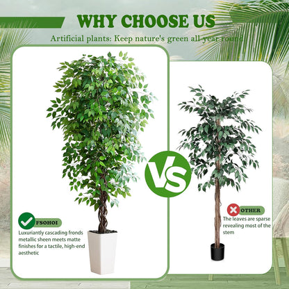 Artificial Ficus Tree Indoor, 6FT Realistic Large Fake Trees | Lifelike Lush Faux Silk Ficus Plant with White Planter, Tall Artificial Plants for Home Room House Office Greenery Decor