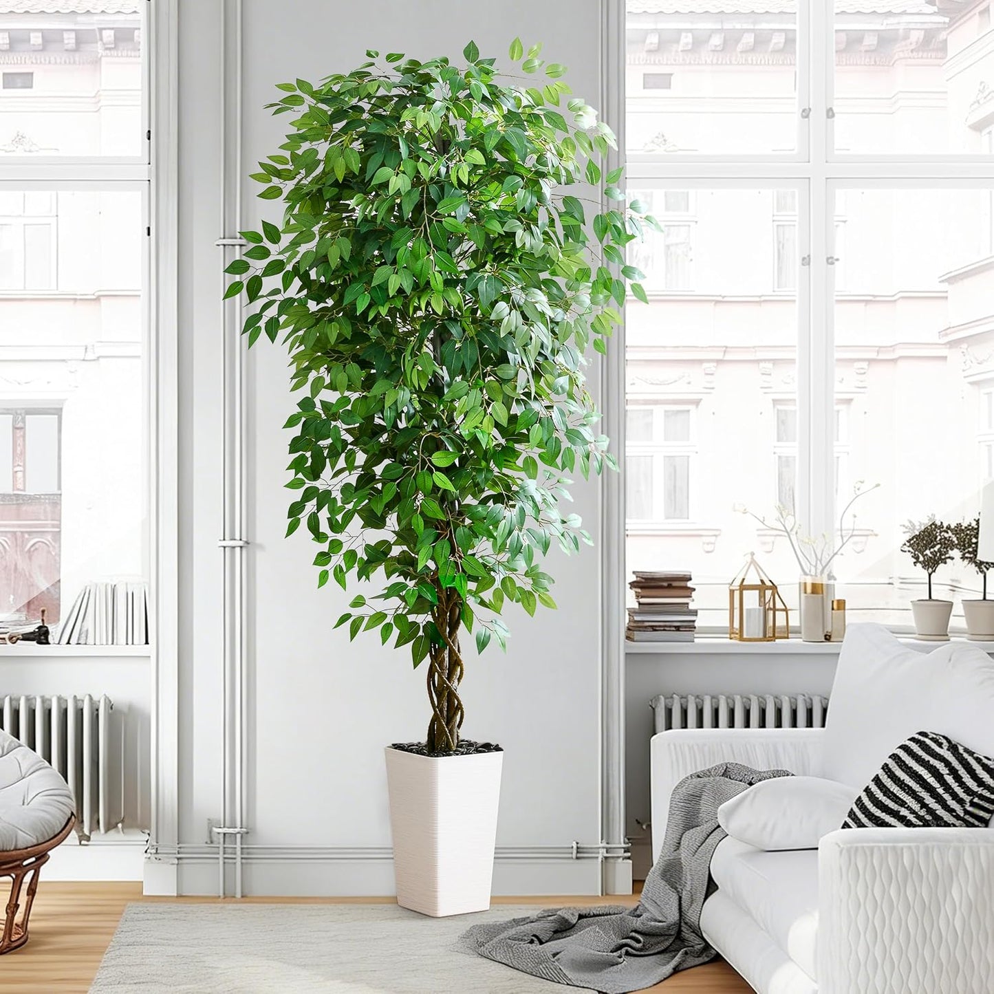Artificial Ficus Tree Indoor, 6FT Realistic Large Fake Trees | Lifelike Lush Faux Silk Ficus Plant with White Planter, Tall Artificial Plants for Home Room House Office Greenery Decor