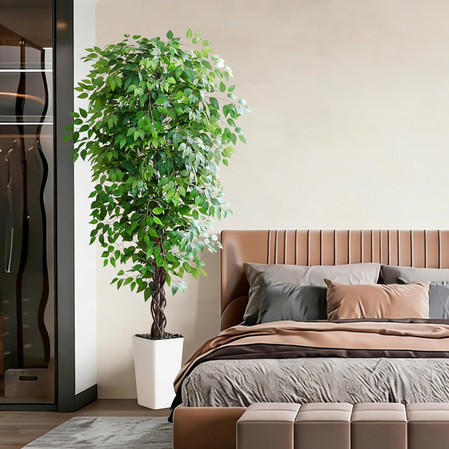 Artificial Ficus Tree Indoor, 6FT Realistic Large Fake Trees | Lifelike Lush Faux Silk Ficus Plant with White Planter, Tall Artificial Plants for Home Room House Office Greenery Decor
