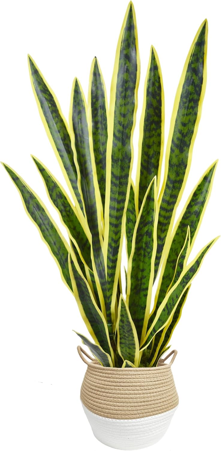 Artificial Snake Plant 3ft Fake Sansevieria with Woven Basket