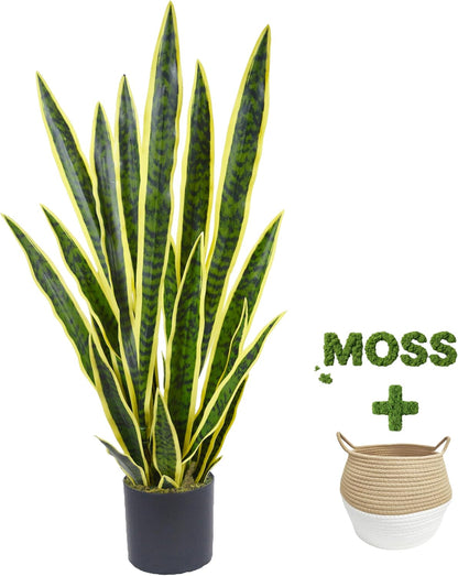 Artificial Snake Plant 3ft Fake Sansevieria with Woven Basket