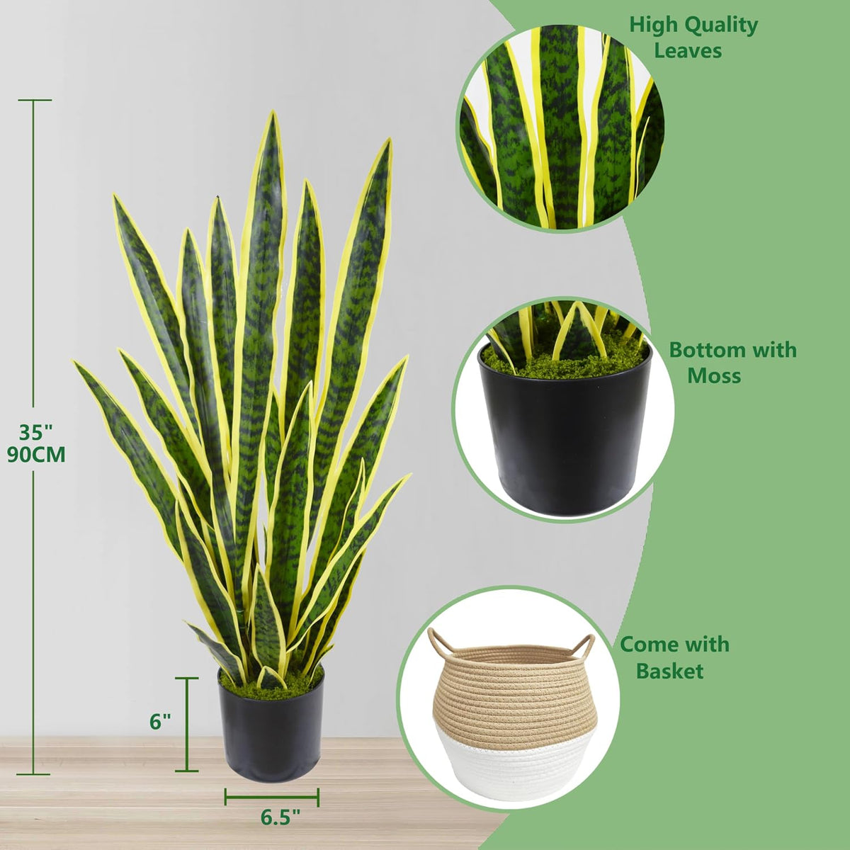 Artificial Snake Plant 3ft Fake Sansevieria with Woven Basket
