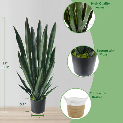 Artificial Snake Plant 3ft Fake Sansevieria with Woven Basket