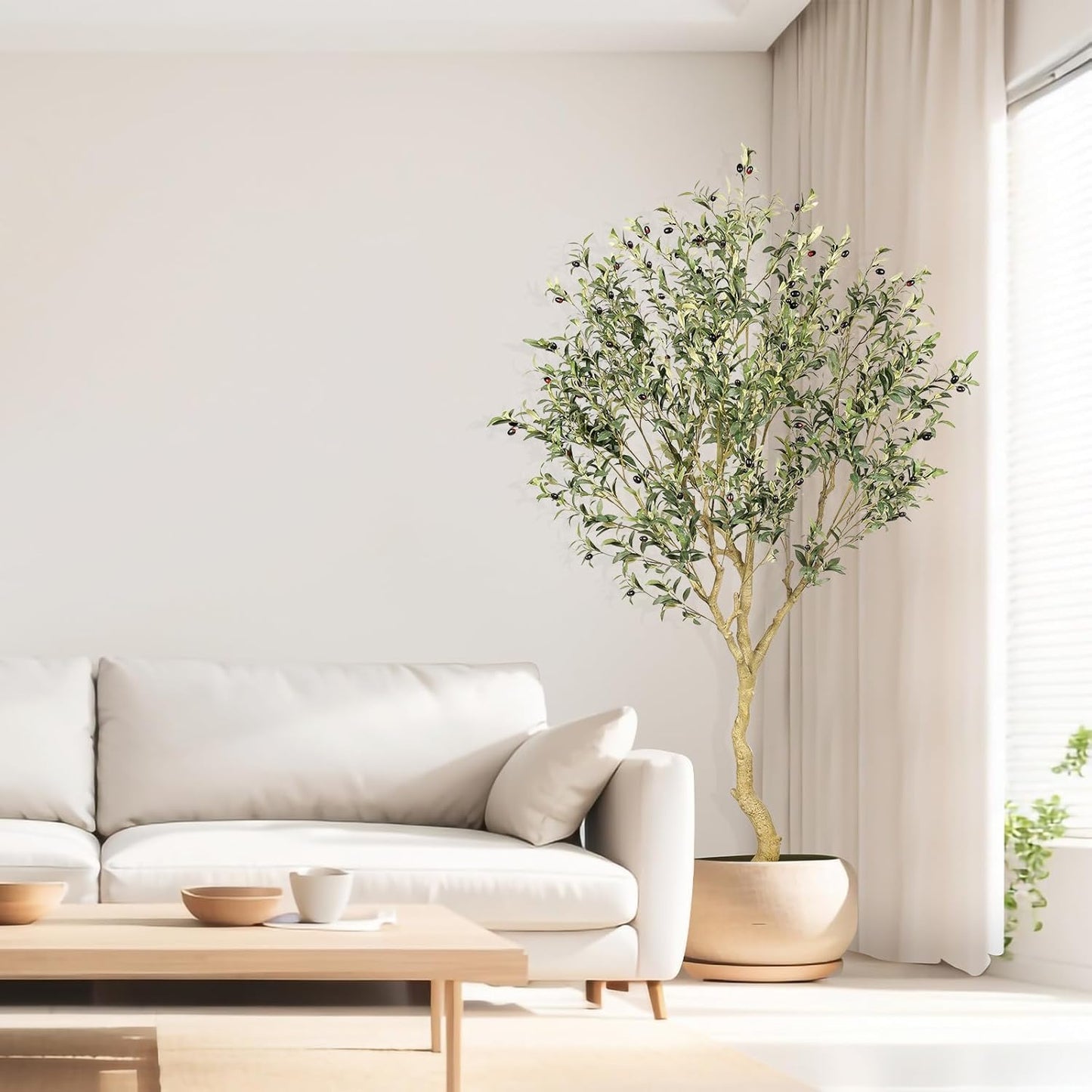7FT Olive Trees Artificial Indoor - Tall Faux Olive Tree 7 Feet | Artificial Olive Tree with Realistic Leaves, Natural Trunk, Sturdy Base - Large Fake Olive Tree for Modern Home Office Decor