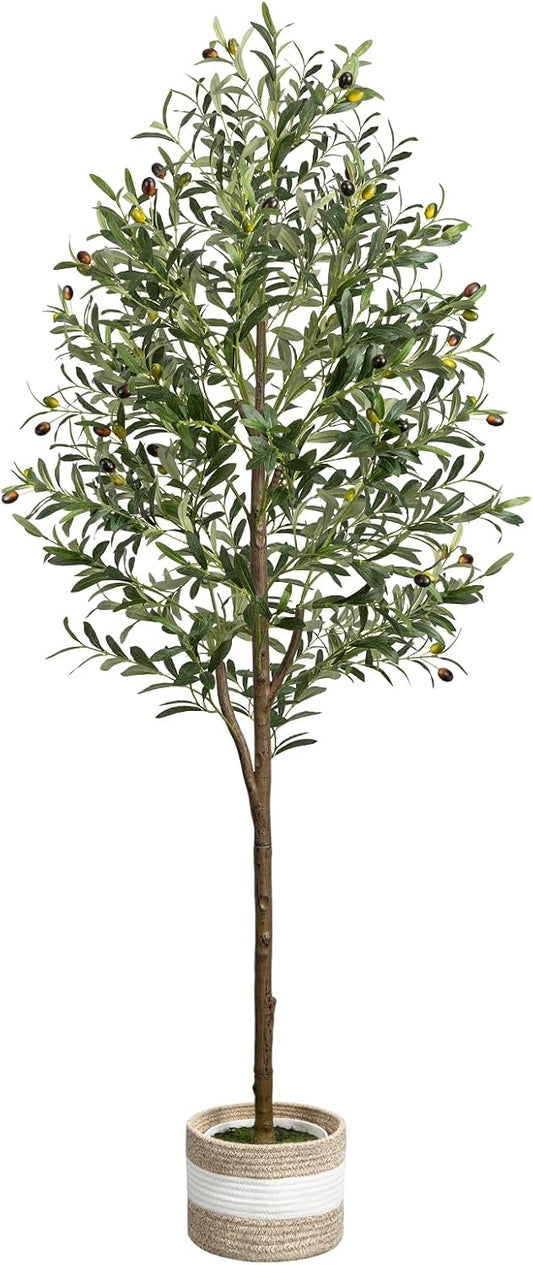 6FT Artificial Olive Tree - Indoor Tall Faux Olive Trees with Planter&Basket, Large Fake Olive Silk Tree Realistic Olive Plants with Branches and Fruits for Home Decor Office Living Room