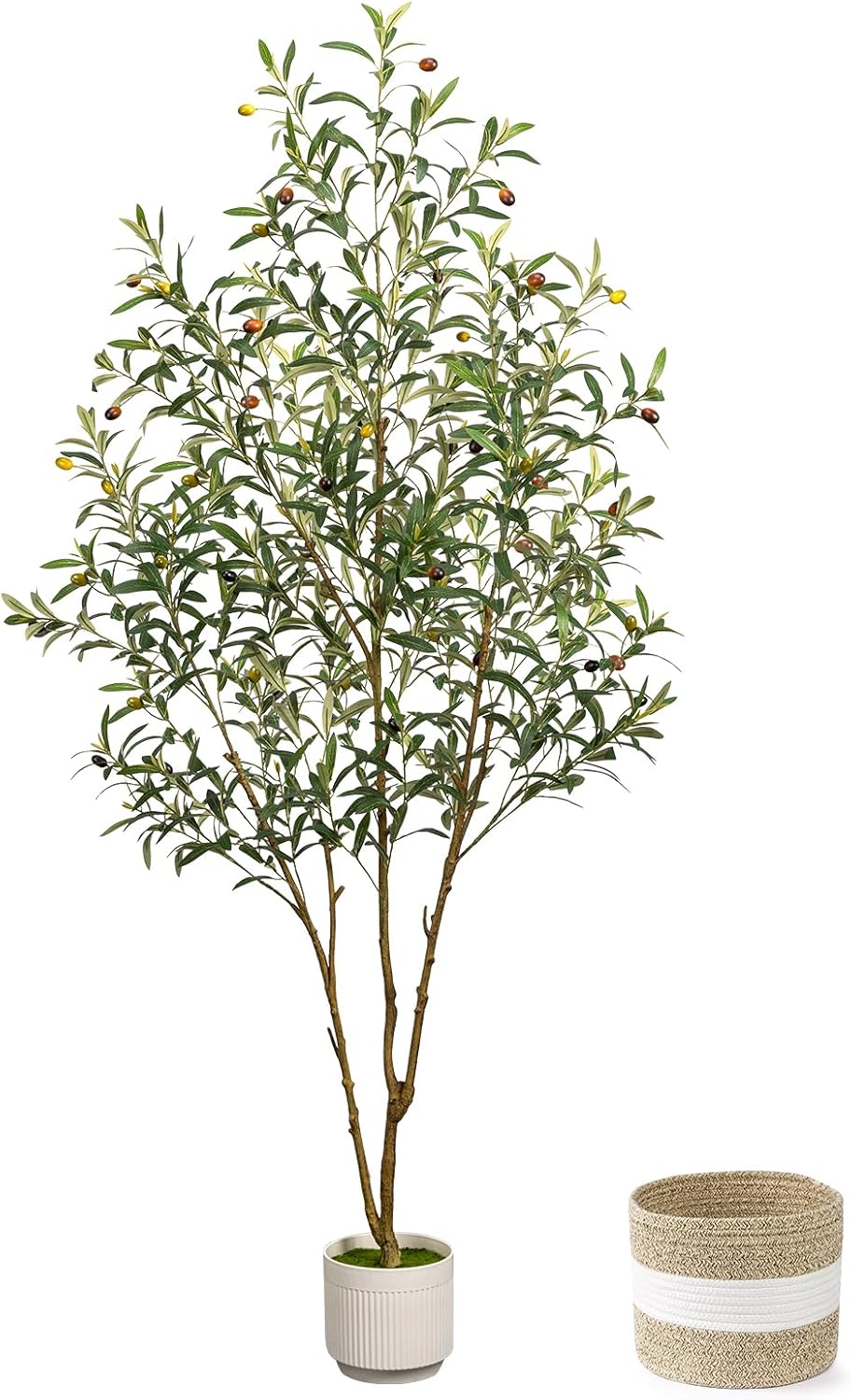 6FT Artificial Olive Tree - Indoor Tall Faux Olive Trees with Planter&Basket, Large Fake Olive Silk Tree Realistic Olive Plants with Branches and Fruits for Home Decor Office Living Room