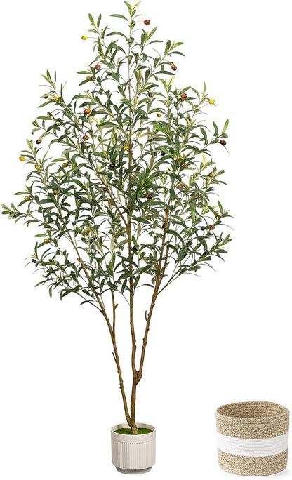 6FT Artificial Olive Tree - Indoor Tall Faux Olive Trees with Planter&Basket, Large Fake Olive Silk Tree Realistic Olive Plants with Branches and Fruits for Home Decor Office Living Room