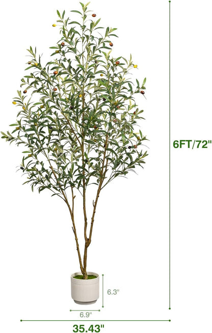 6FT Artificial Olive Tree - Indoor Tall Faux Olive Trees with Planter&Basket, Large Fake Olive Silk Tree Realistic Olive Plants with Branches and Fruits for Home Decor Office Living Room