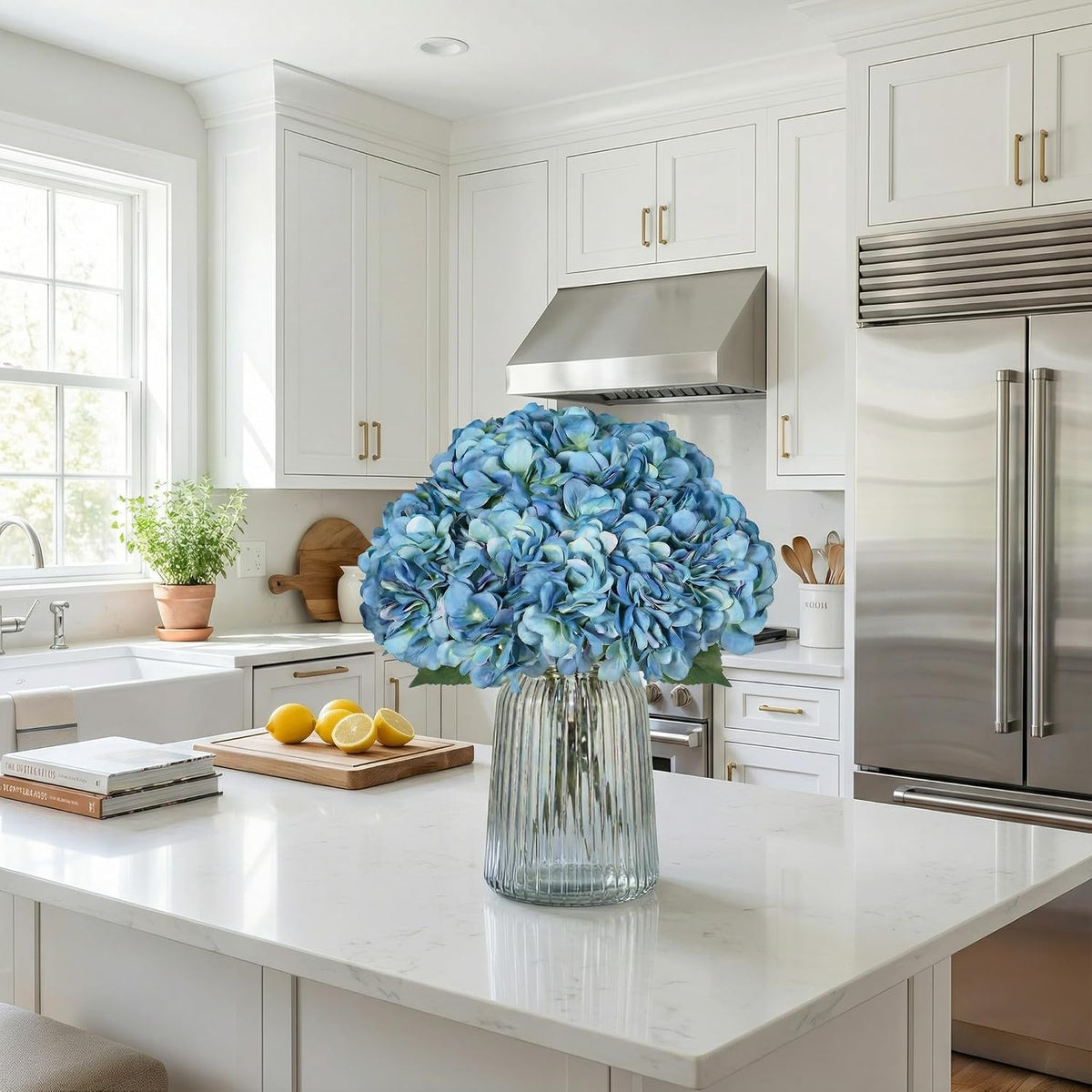 2Bouquets Artificial Fake Flowers Silk Hydrangea Arrangements Wedding Bouquets Decorations Plastic Floral Home Kitchen Garden Party Festival Bar DIY (Navy Blue)