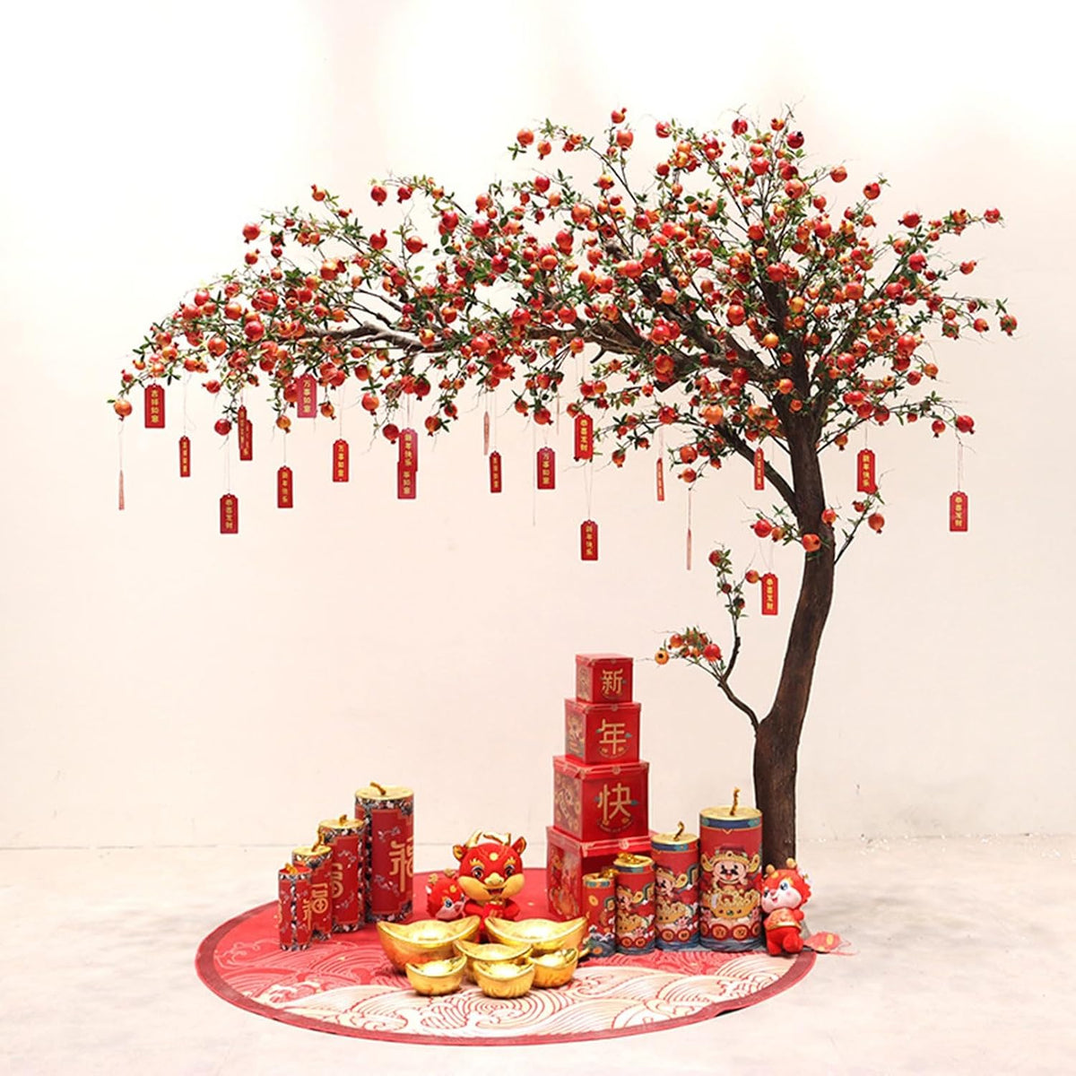 Artificial Pomegranate Tree with Pot and Base, Handmade Faux Plant for Home Office Indoor Outdoor Decoration(1.2m x 1m/3.9ft x 3.3ft)