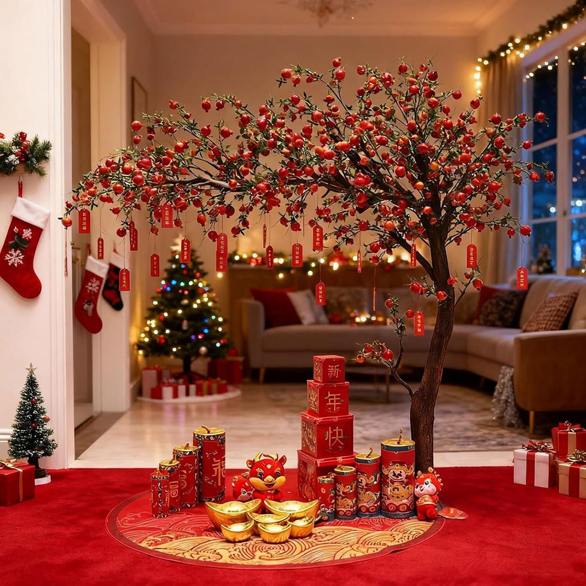 Artificial Pomegranate Tree with Pot and Base, Handmade Faux Plant for Home Office Indoor Outdoor Decoration(1.2m x 1m/3.9ft x 3.3ft)