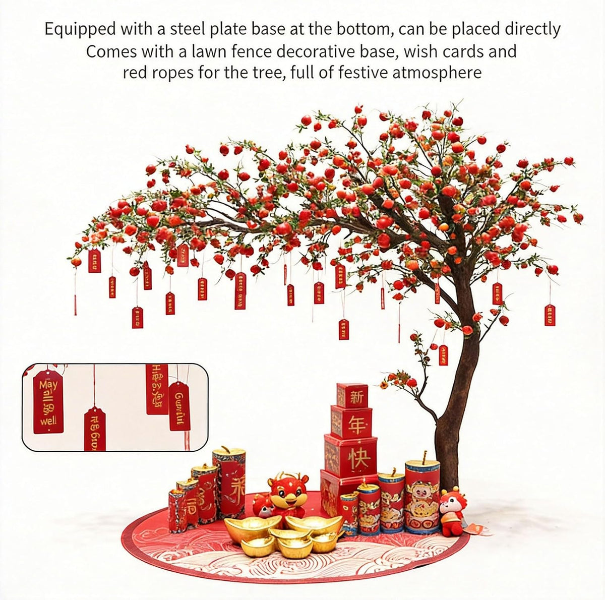 Artificial Pomegranate Tree with Pot and Base, Handmade Faux Plant for Home Office Indoor Outdoor Decoration(1.2m x 1m/3.9ft x 3.3ft)