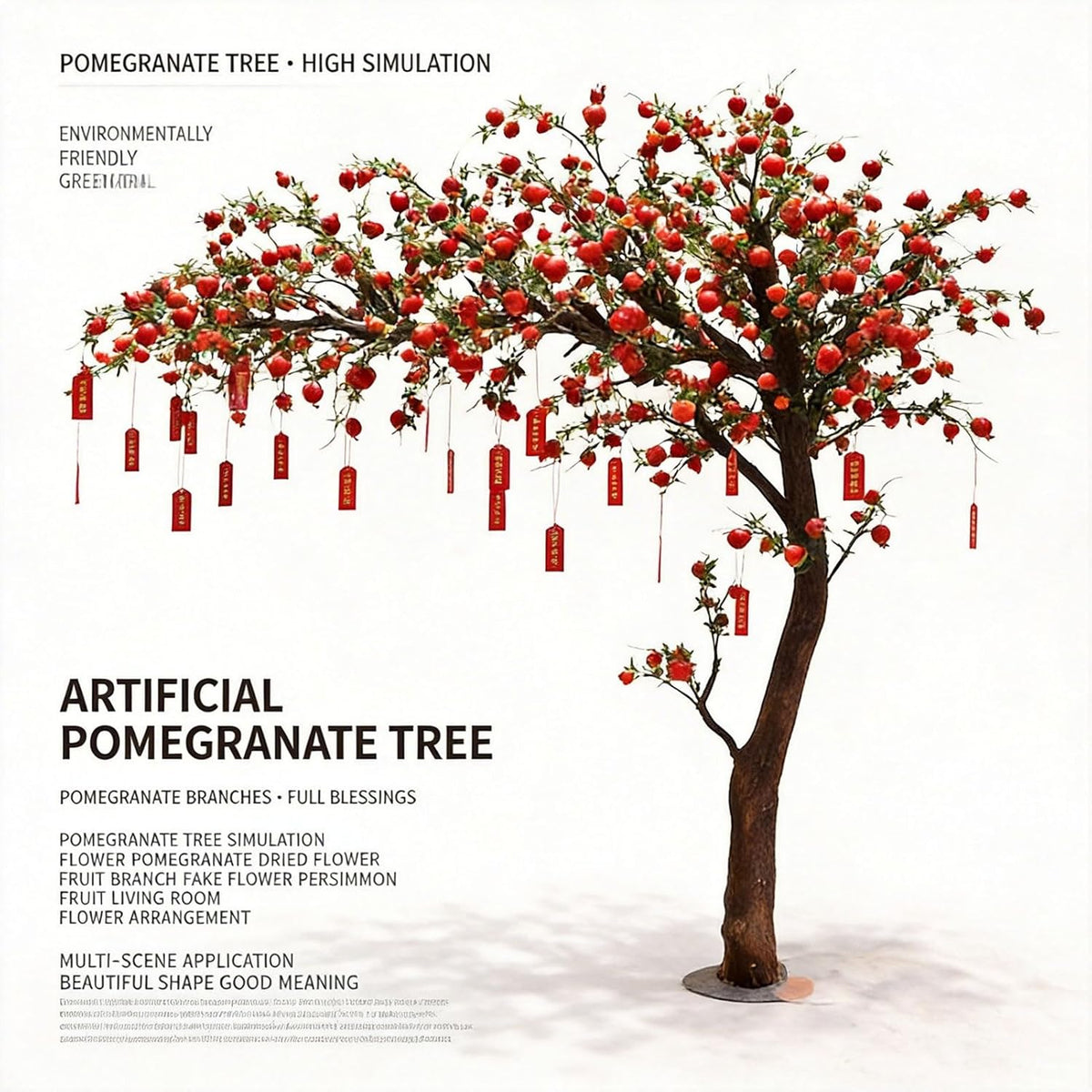 Artificial Pomegranate Tree with Pot and Base, Handmade Faux Plant for Home Office Indoor Outdoor Decoration(1.2m x 1m/3.9ft x 3.3ft)