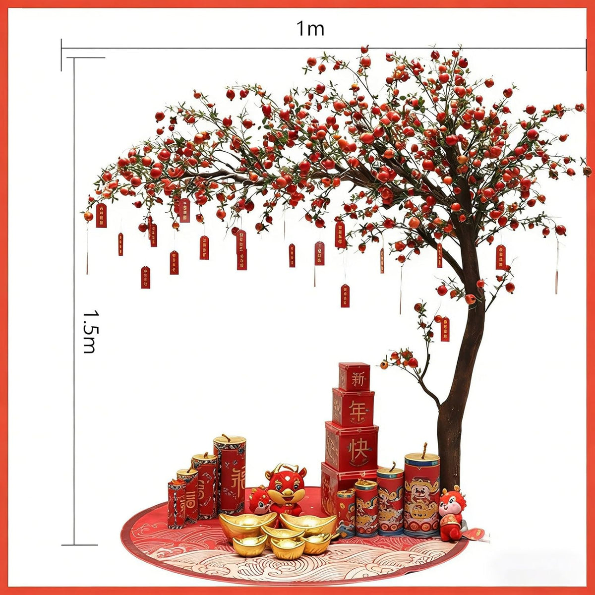 Artificial Pomegranate Tree with Pot and Base, Handmade Faux Plant for Home Office Indoor Outdoor Decoration(1.2m x 1m/3.9ft x 3.3ft)