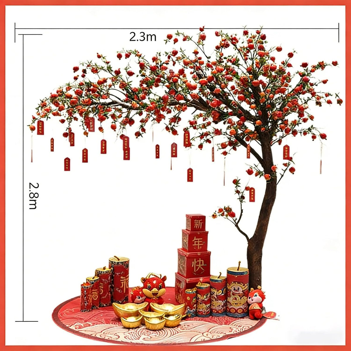 Artificial Pomegranate Tree with Pot and Base, Handmade Faux Plant for Home Office Indoor Outdoor Decoration(1.2m x 1m/3.9ft x 3.3ft)
