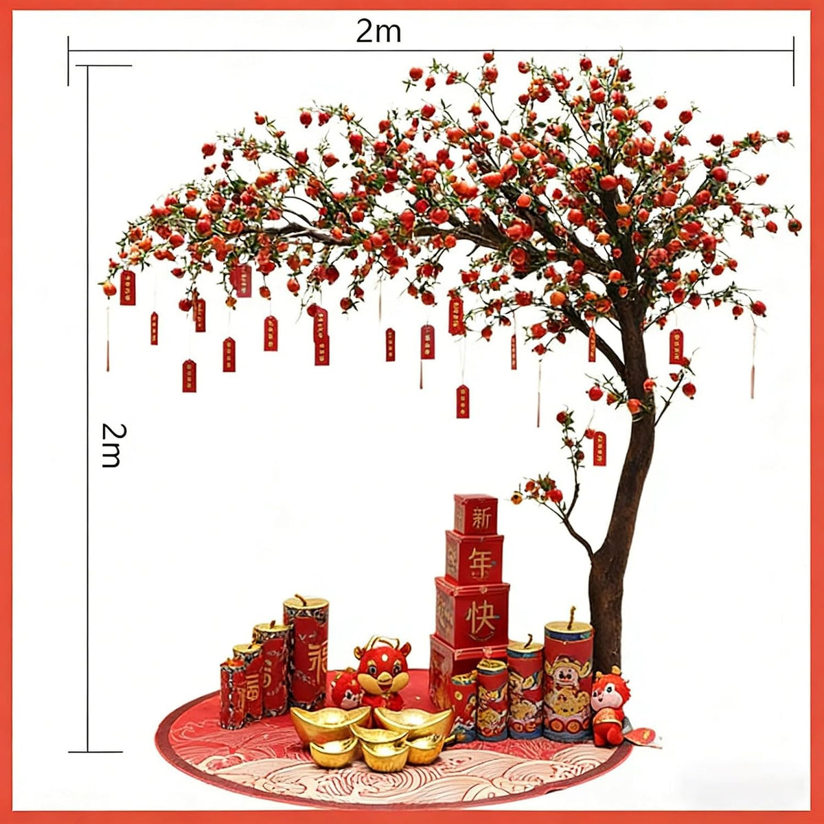 Artificial Pomegranate Tree with Pot and Base, Handmade Faux Plant for Home Office Indoor Outdoor Decoration(1.2m x 1m/3.9ft x 3.3ft)