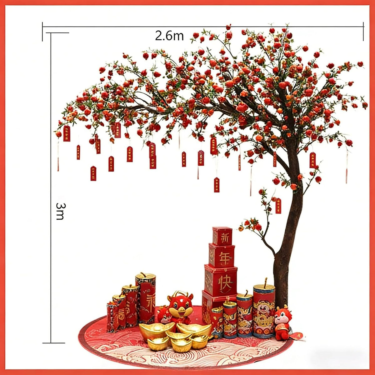 Artificial Pomegranate Tree with Pot and Base, Handmade Faux Plant for Home Office Indoor Outdoor Decoration(1.2m x 1m/3.9ft x 3.3ft)