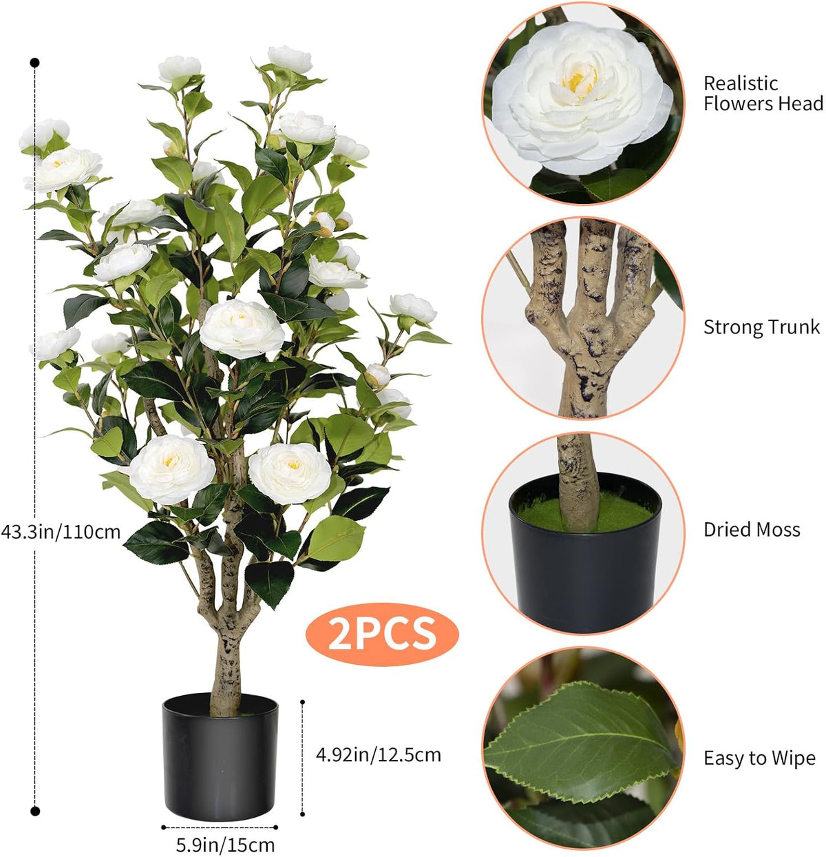 2 Pack 3FT Artificial Camellia Tree Fake Outdoor Tree with 28Blooming Flowers White Tree for Home Front Door Winter Christmas Indoor Decor
