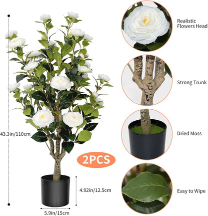 2 Pack 3FT Artificial Camellia Tree Fake Outdoor Tree with 28Blooming Flowers White Tree for Home Front Door Winter Christmas Indoor Decor