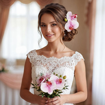 2pcs Champagne Pink Orchid Artificial Flowers, 34.3" Real Touch Fake Orchid Latex Phalaenopsis Branches for Home Party Wedding Bridal Shower Decoration