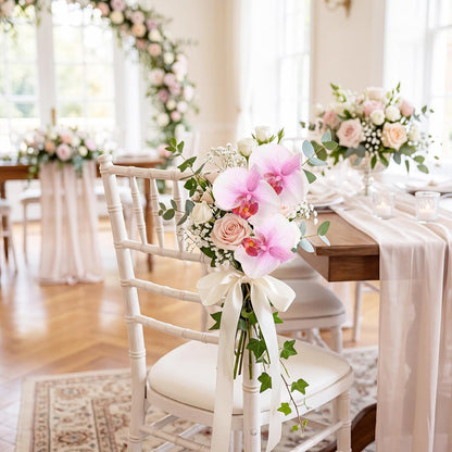 2pcs Champagne Pink Orchid Artificial Flowers, 34.3" Real Touch Fake Orchid Latex Phalaenopsis Branches for Home Party Wedding Bridal Shower Decoration