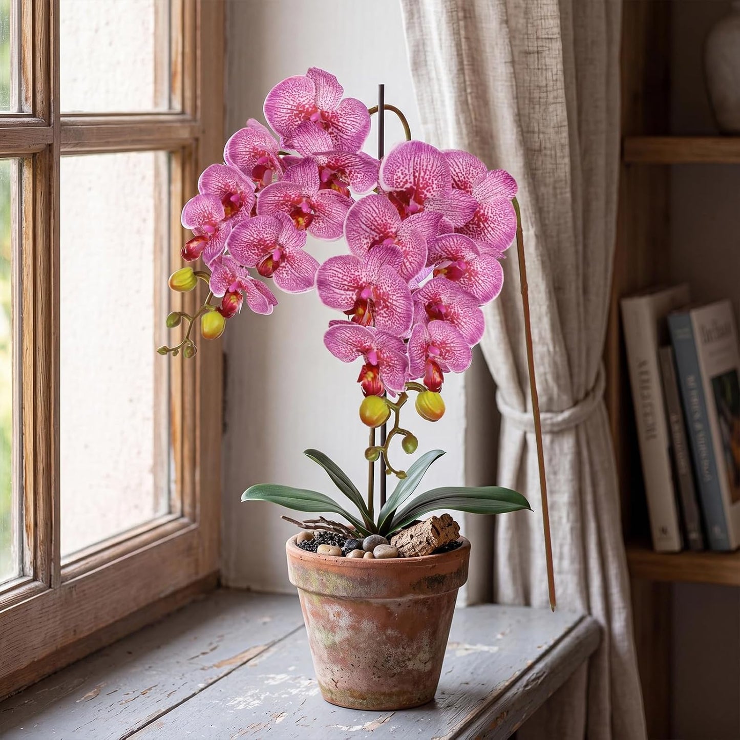 2pcs Champagne Pink Orchid Artificial Flowers, 34.3" Real Touch Fake Orchid Latex Phalaenopsis Branches for Home Party Wedding Bridal Shower Decoration