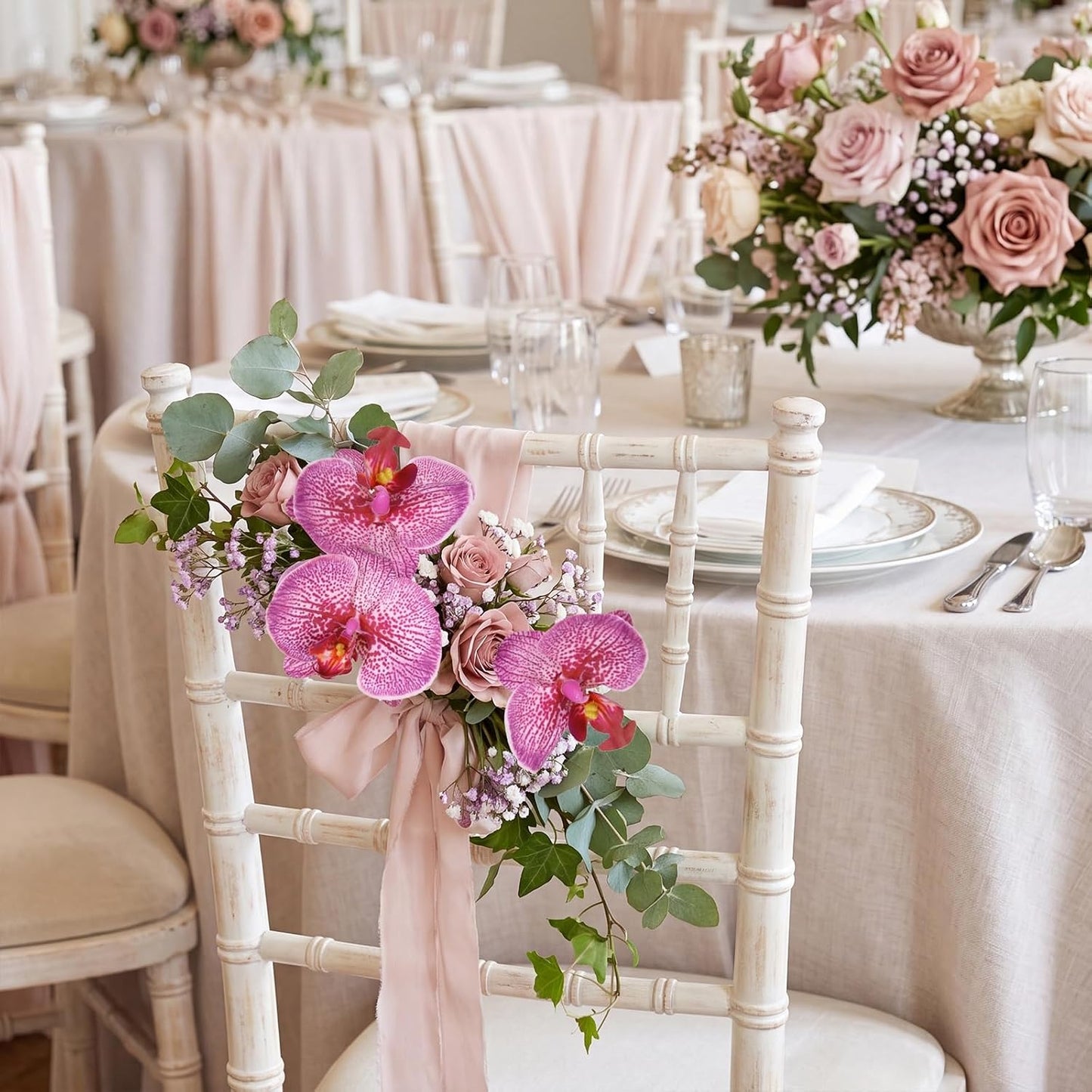 2pcs Champagne Pink Orchid Artificial Flowers, 34.3" Real Touch Fake Orchid Latex Phalaenopsis Branches for Home Party Wedding Bridal Shower Decoration