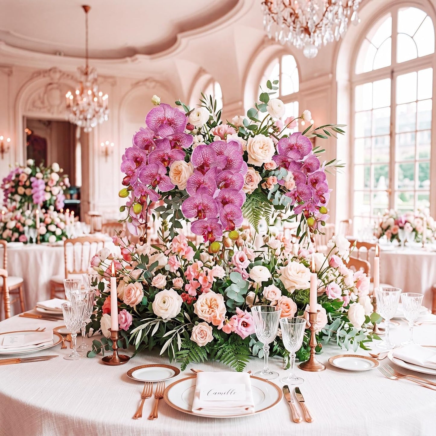 2pcs Champagne Pink Orchid Artificial Flowers, 34.3" Real Touch Fake Orchid Latex Phalaenopsis Branches for Home Party Wedding Bridal Shower Decoration