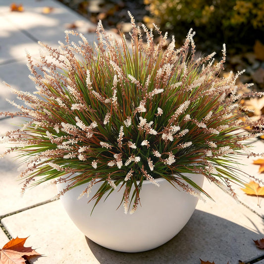 Artificial Faux Plants Flowers for Outdoor Decorations, Fake Monkey Grass for Outside Porch Patio, No Fade Realistic Greenery Plant, UV Resistant Artificial Shrubs for Courtyard Window Garden