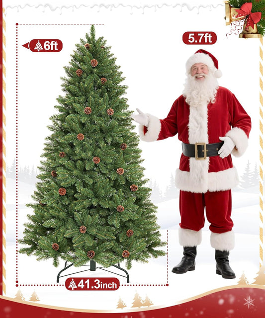 6FT Artificial Christmas Tree: Unlit Green Xmas Pine with Pinecones and Metal Stand for Indoor - Holiday Decoration for Porch Living Room Easy Assembly