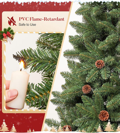 6FT Artificial Christmas Tree: Unlit Green Xmas Pine with Pinecones and Metal Stand for Indoor - Holiday Decoration for Porch Living Room Easy Assembly