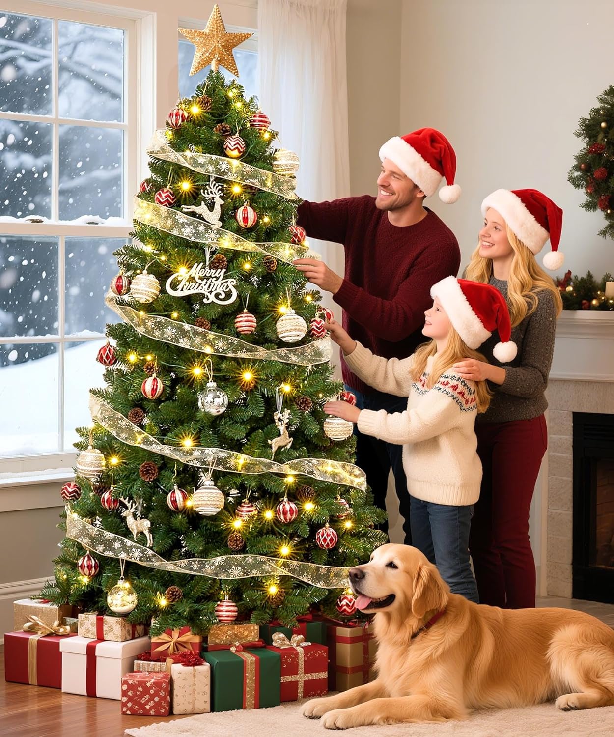 6FT Artificial Christmas Tree: Unlit Green Xmas Pine with Pinecones and Metal Stand for Indoor - Holiday Decoration for Porch Living Room Easy Assembly