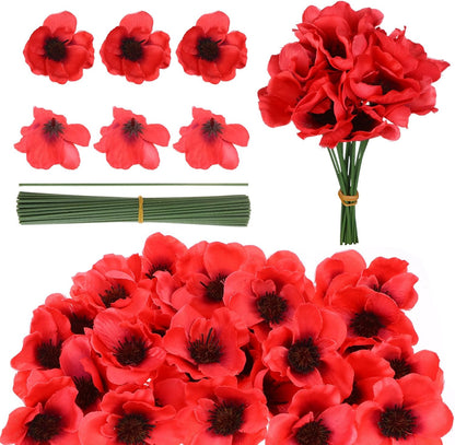 60 Set Red Poppy Artificial Flowers Fake Flowers Poppies Head with Flower Branch for Memorial Day Veterans Day Bouquet Wedding Party Corsages Home Kitchen Decoration