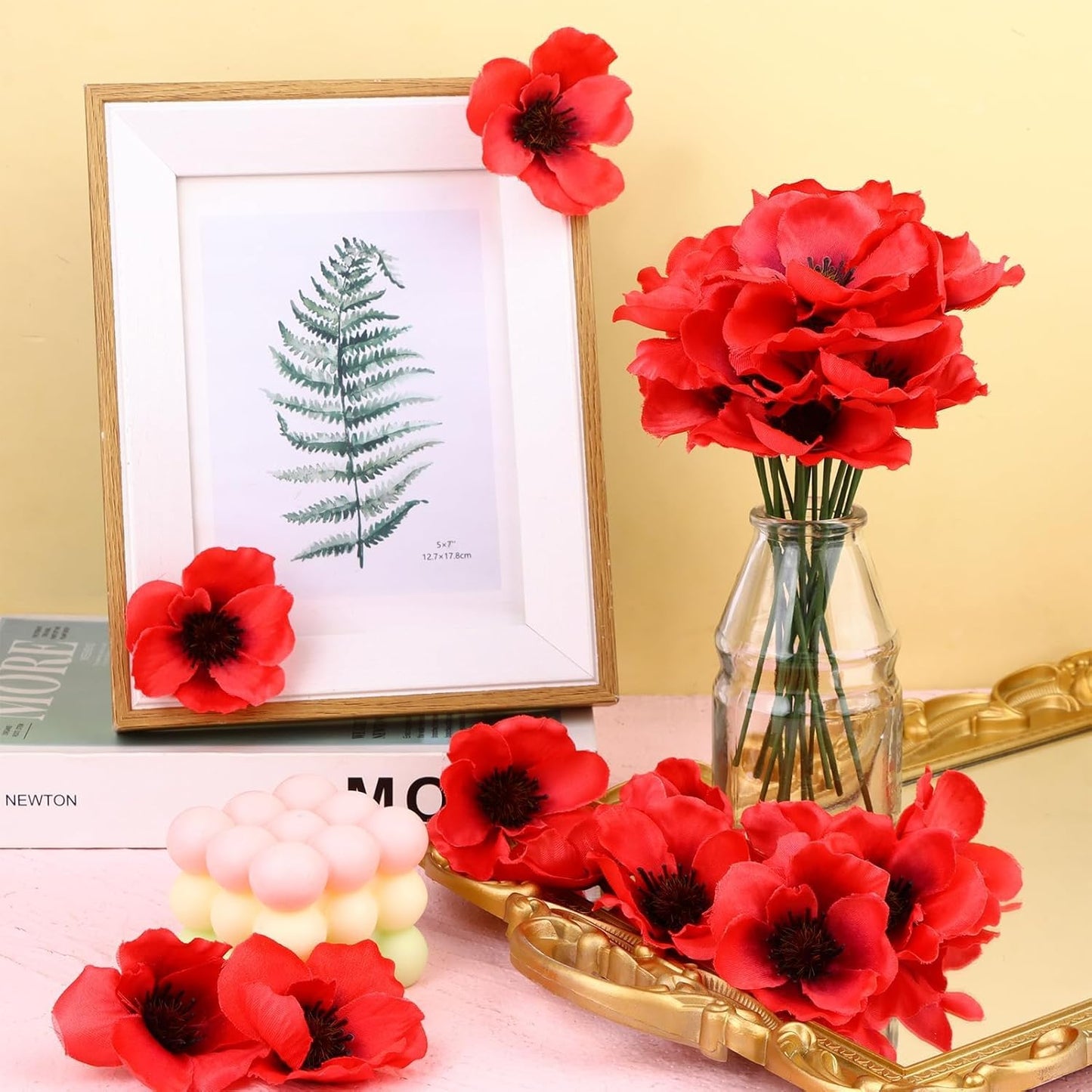 60 Set Red Poppy Artificial Flowers Fake Flowers Poppies Head with Flower Branch for Memorial Day Veterans Day Bouquet Wedding Party Corsages Home Kitchen Decoration