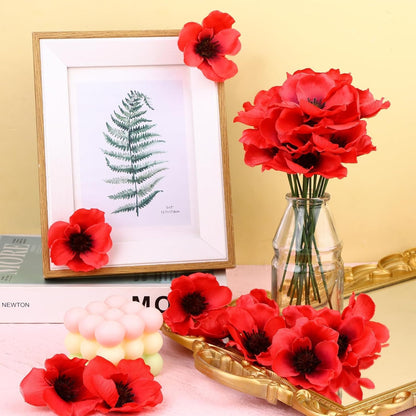 60 Set Red Poppy Artificial Flowers Fake Flowers Poppies Head with Flower Branch for Memorial Day Veterans Day Bouquet Wedding Party Corsages Home Kitchen Decoration