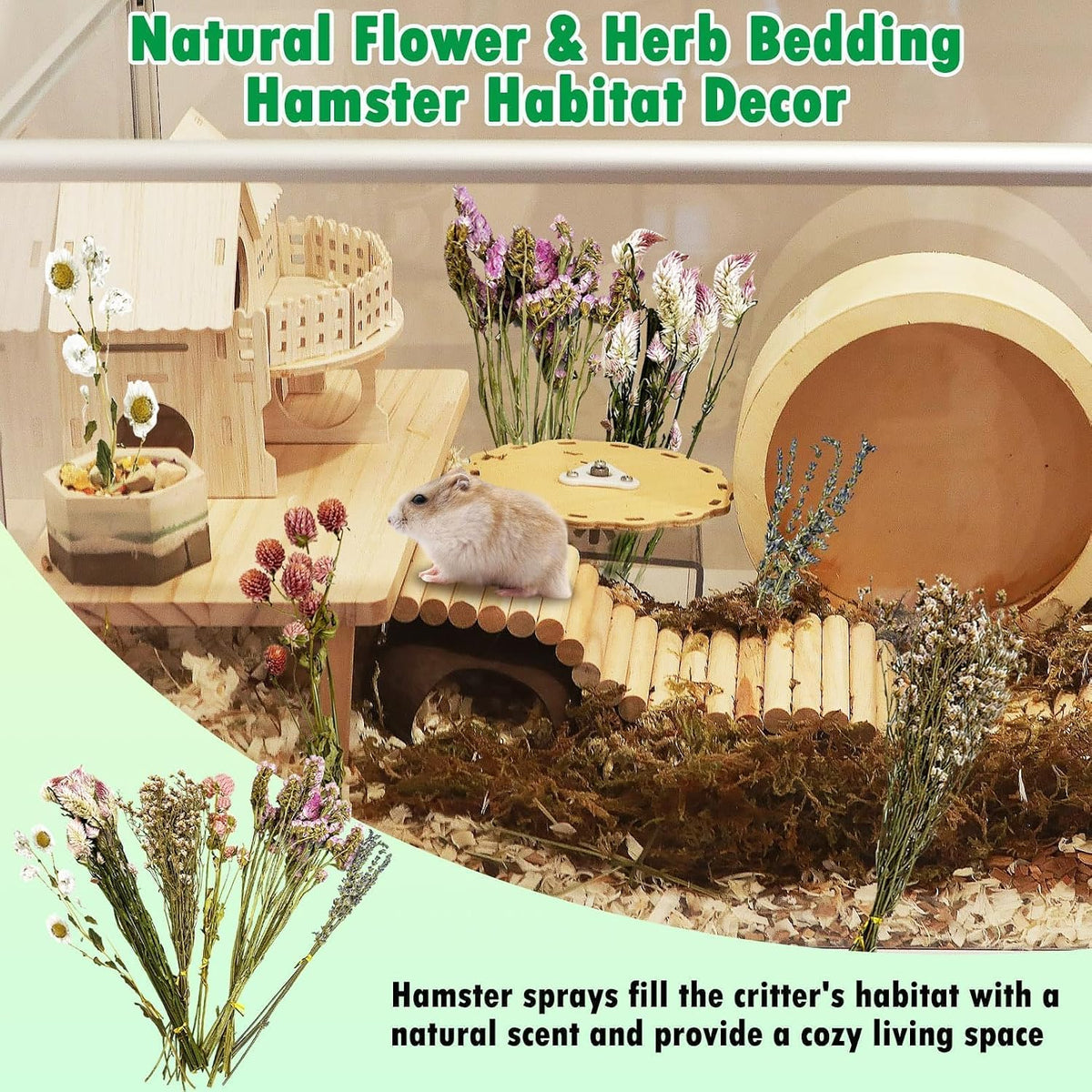 Natural Flower & Herb Hamster Bedding Habitat Decor Guinea Pig Bedding Hamster Sprays Hamster Cage Accessories for Guinea Pig Dwarf Syrian Gerbils Mice Mouse Rat (Flower Version)
