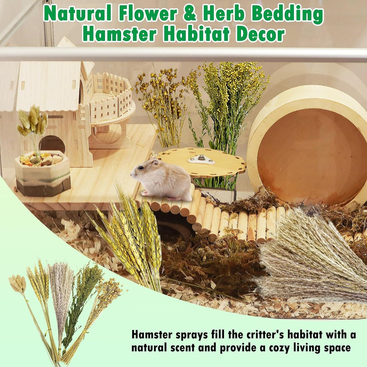 Natural Flower & Herb Hamster Bedding Habitat Decor Guinea Pig Bedding Hamster Sprays Hamster Cage Accessories for Guinea Pig Dwarf Syrian Gerbils Mice Mouse Rat (Flower Version)