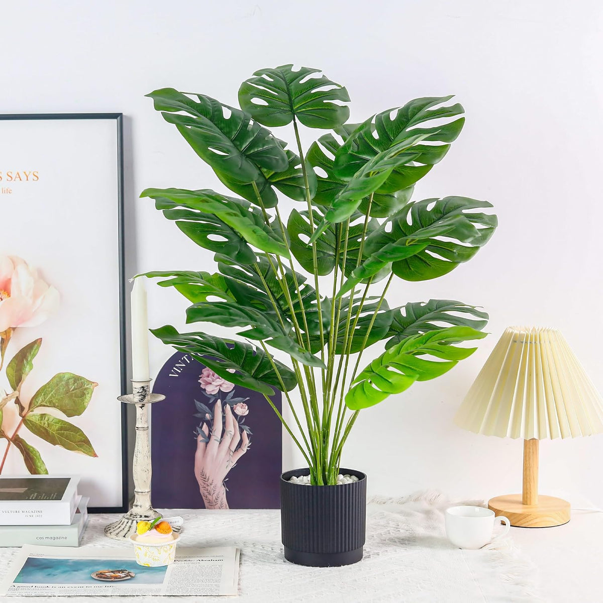 28" Fake Plants, Artificial Monstera Plants Indoor in White Pot | Faux outdoor plants add bright, clean tropical greenery to modern home office, bedroom, entryway, front porch and house decor