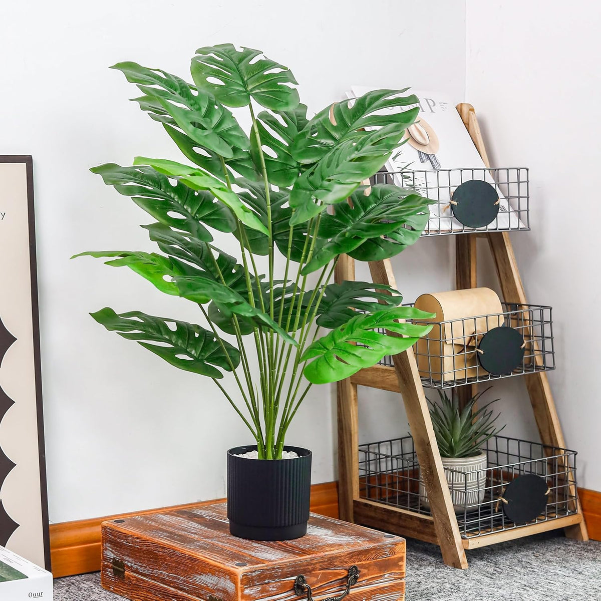 28" Fake Plants, Artificial Monstera Plants Indoor in White Pot | Faux outdoor plants add bright, clean tropical greenery to modern home office, bedroom, entryway, front porch and house decor