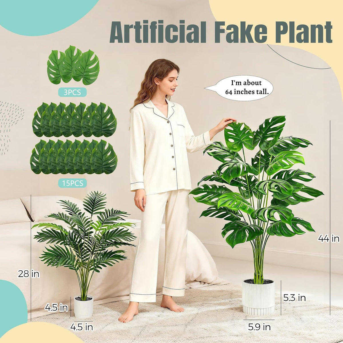 28" Fake Plants, Artificial Monstera Plants Indoor in White Pot | Faux outdoor plants add bright, clean tropical greenery to modern home office, bedroom, entryway, front porch and house decor